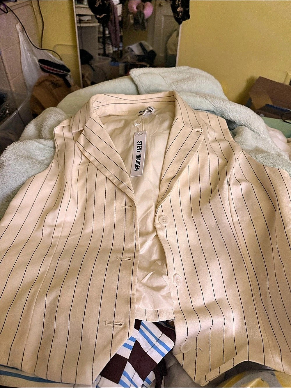 Steve Madden Tailored Collared Vest Cream Pinstripe